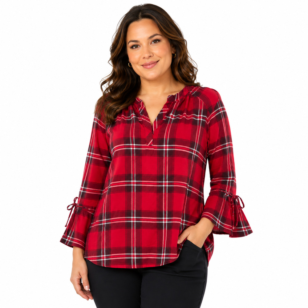 Talbots Red V-Neck Plaid 100% Cotton Petite Long Bell Sleeve Womens sz L P